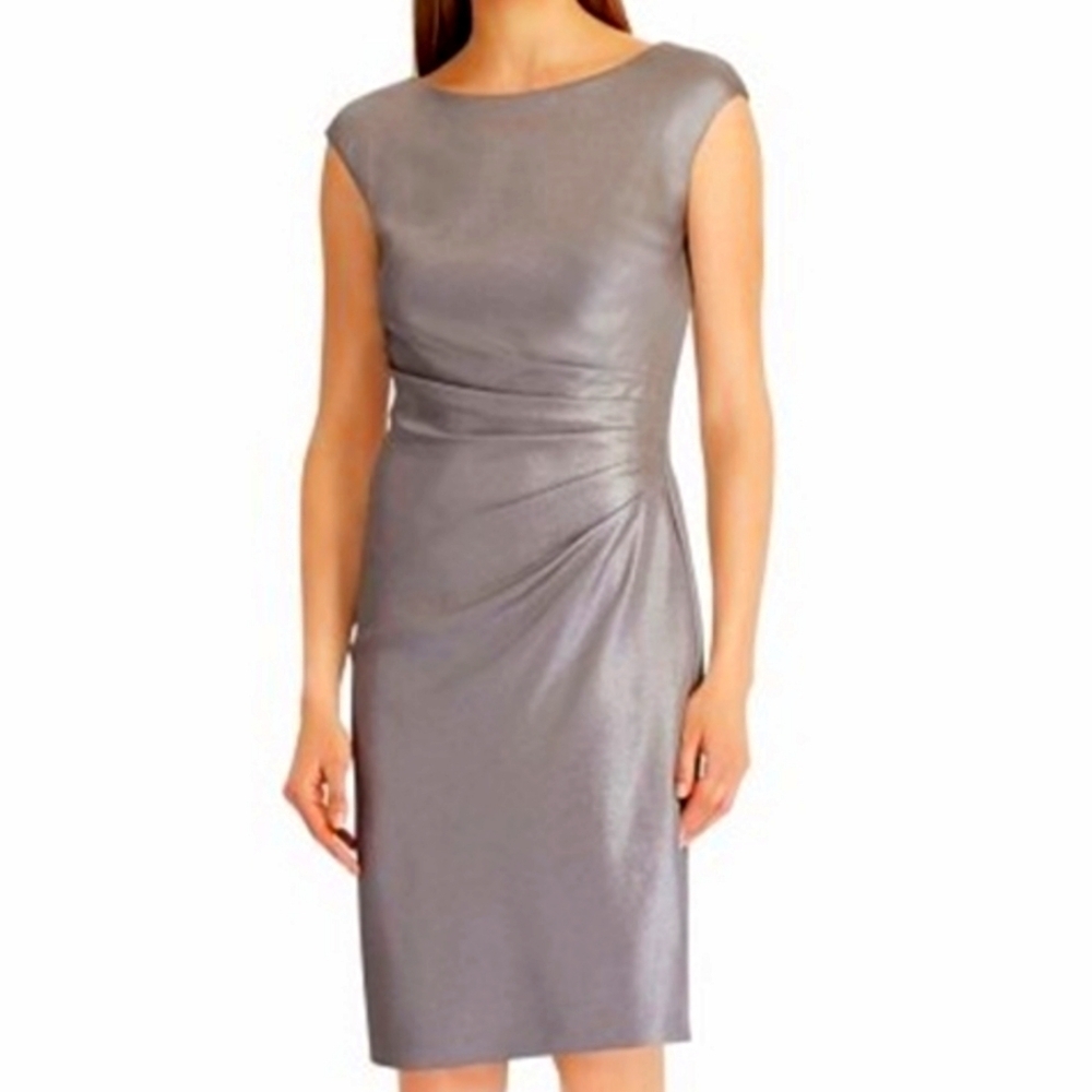 Lauren Ralph Lauren Metallic Sheen Shift Dress Zip Back Taupe Gray Size 6